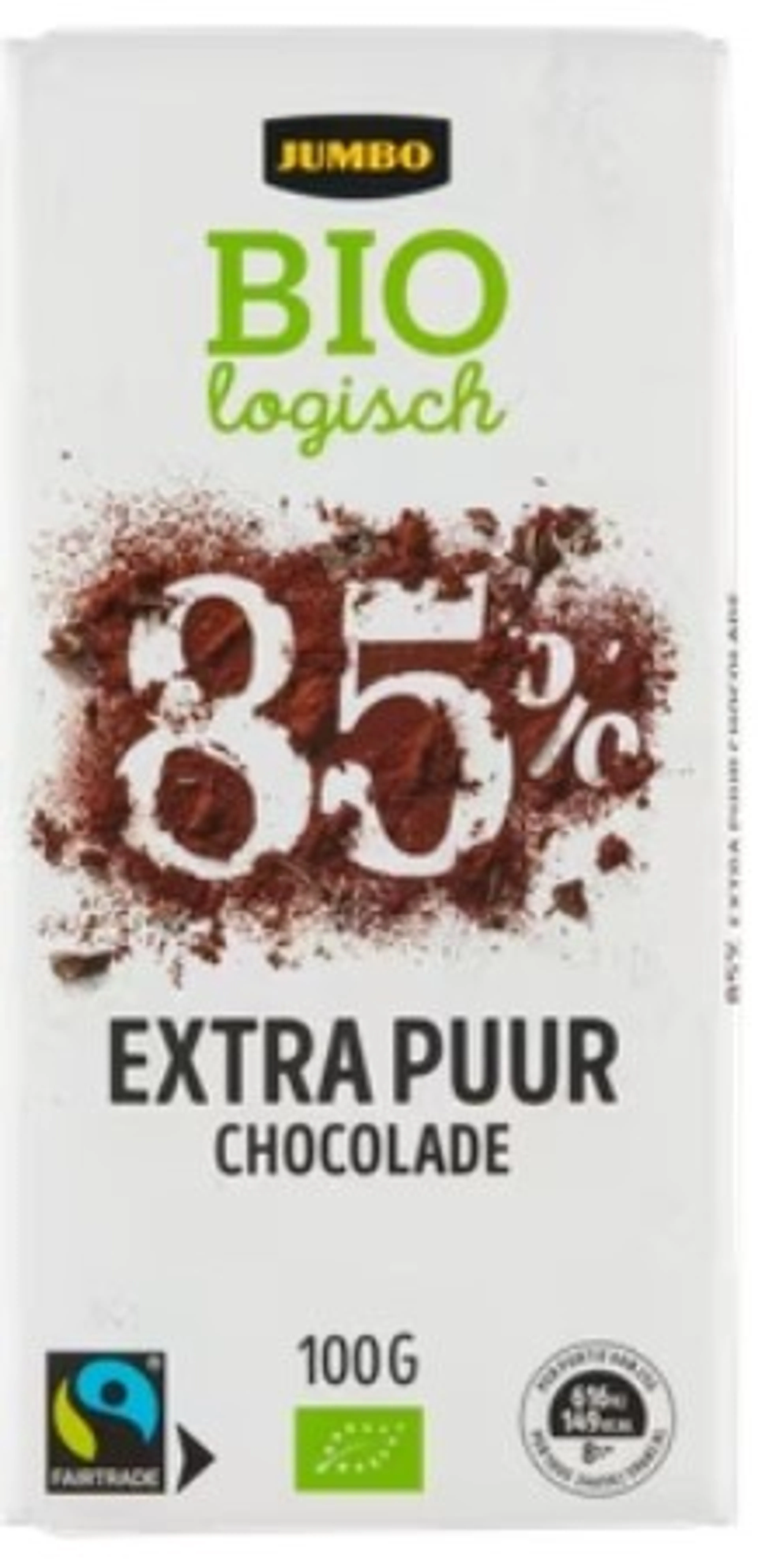 Jumbo bio 85% extra puur chocolade kan mogelijk sporen van noten bevatten Beeld: Jumbo