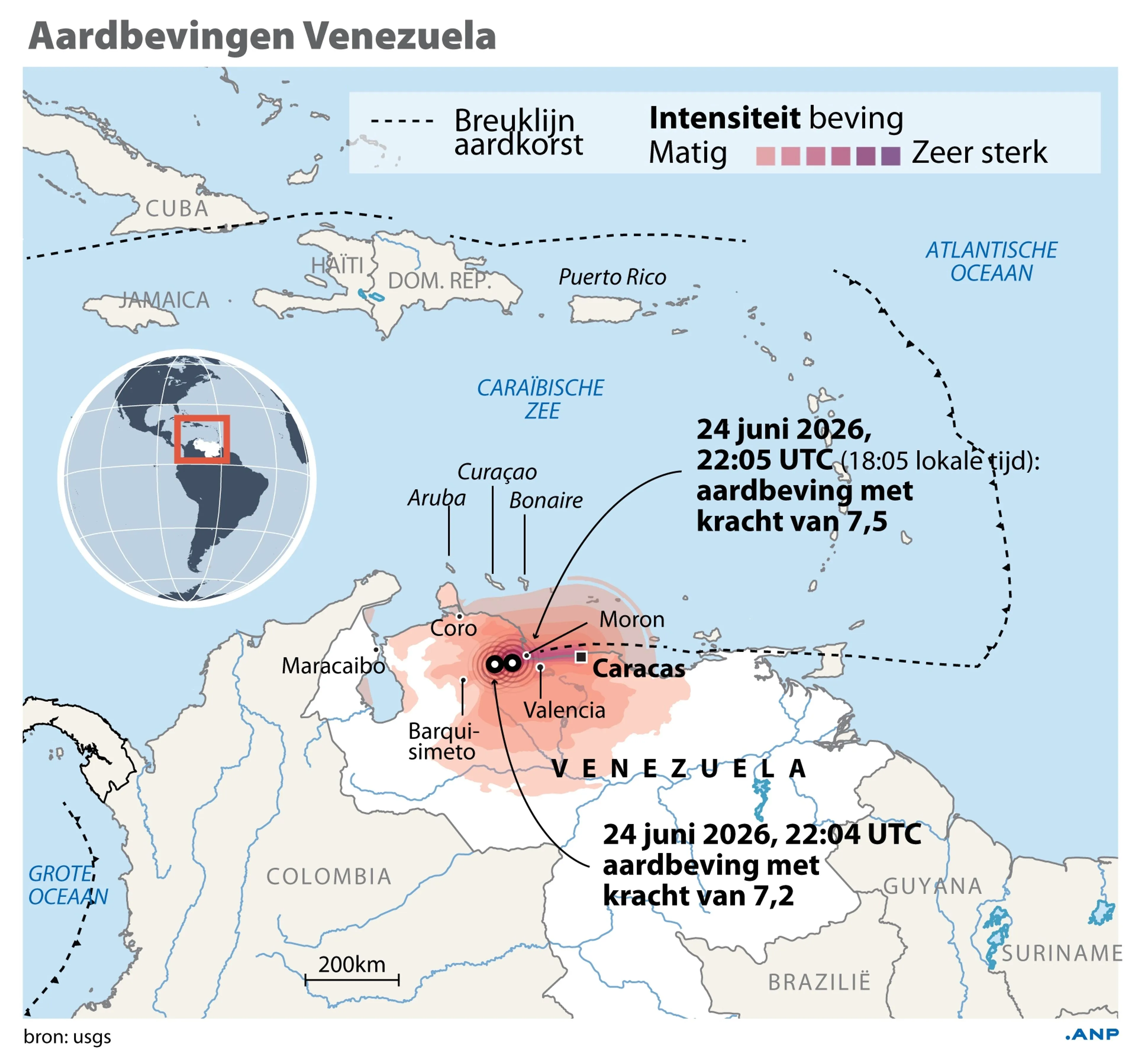 De twee aardbevingen die Venezuela troffen op 24 juni. Beeld: ANP