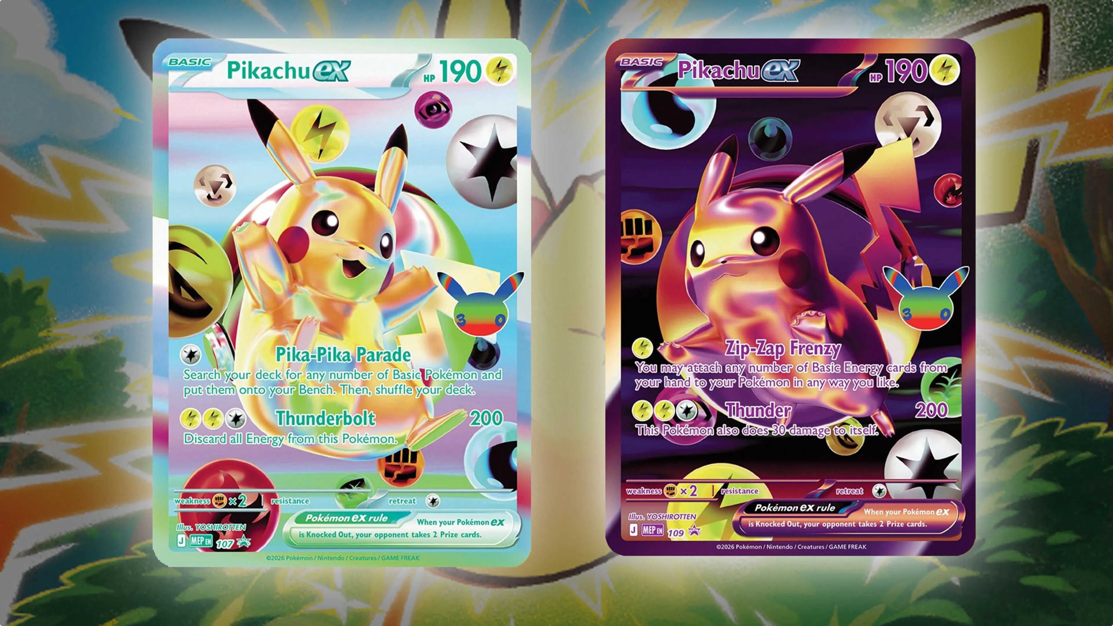 Dit zijn twee van de gewilde, gelimiteerde nieuwe Pokémonkaarten van de bekendste mascotte, Pikachu. Beeld: The Pokémon Company