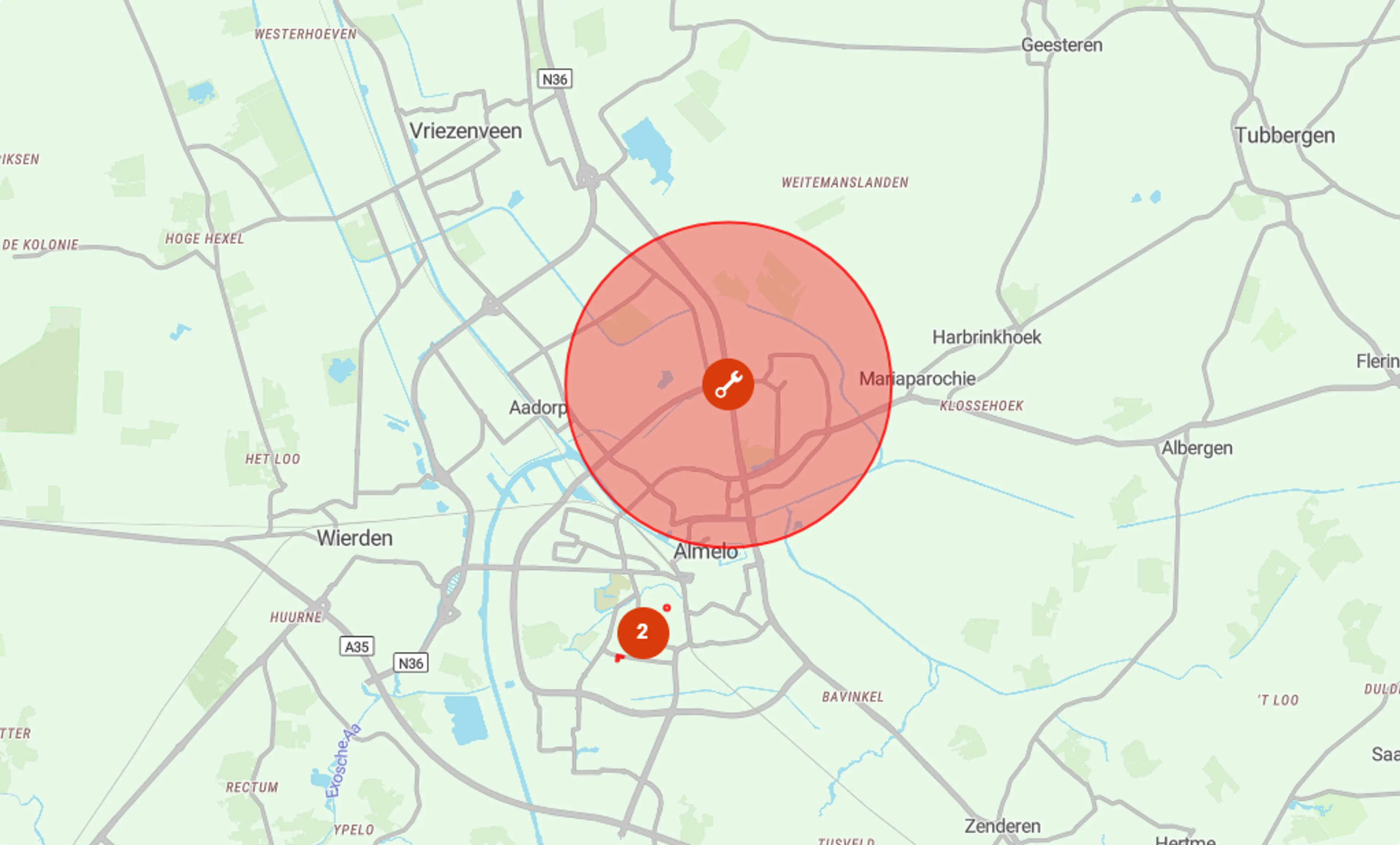 Het gebied in Almelo waardoor er momenteel geen water uit de kraan komt door een leidingbreuk. Beeld: Waterstoring.nl