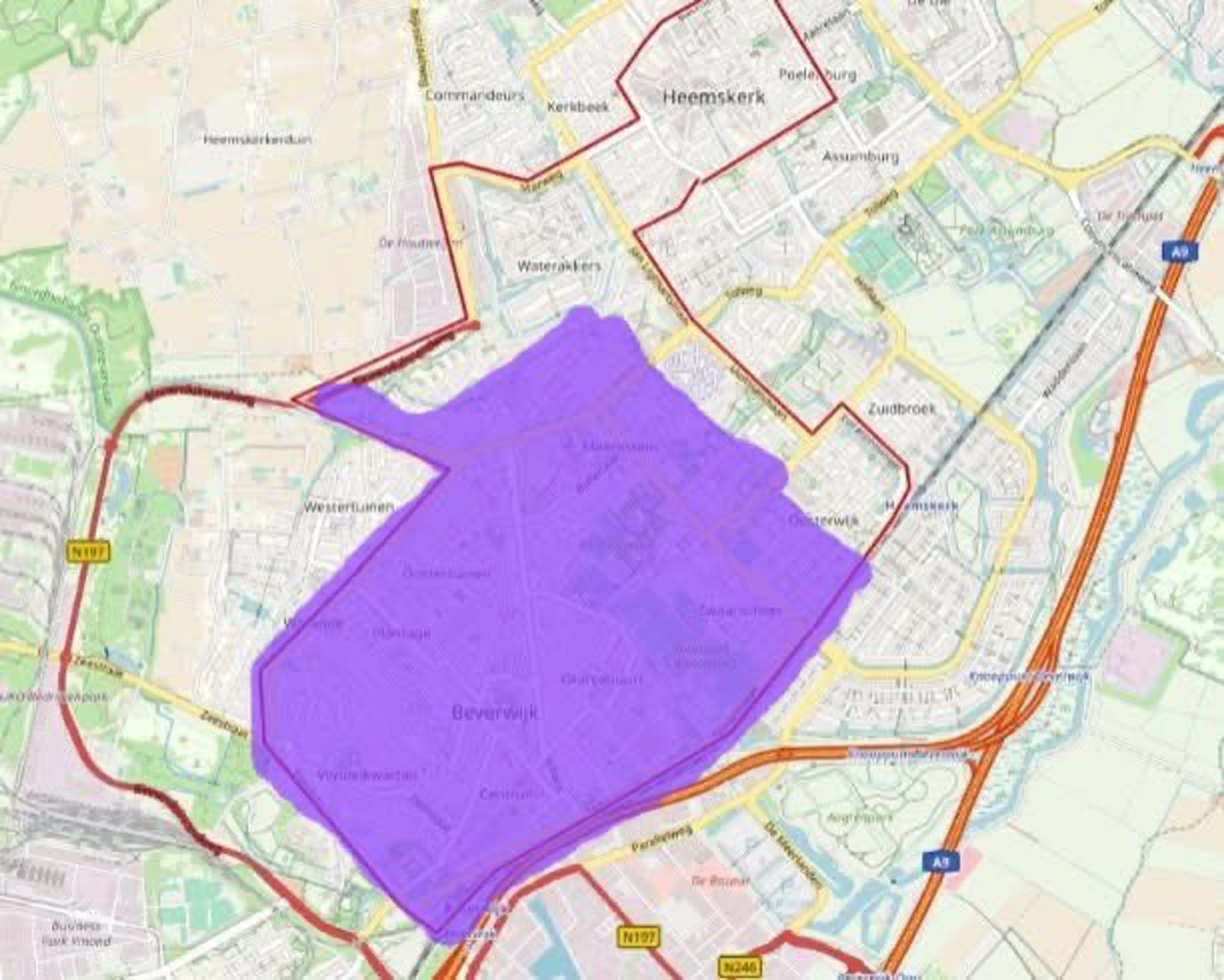 Het gebied waar nu een noodbevel geldt. Hier kan bijvoorbeeld preventief gefouilleerd worden. Beeld: Gemeente Beverwijk