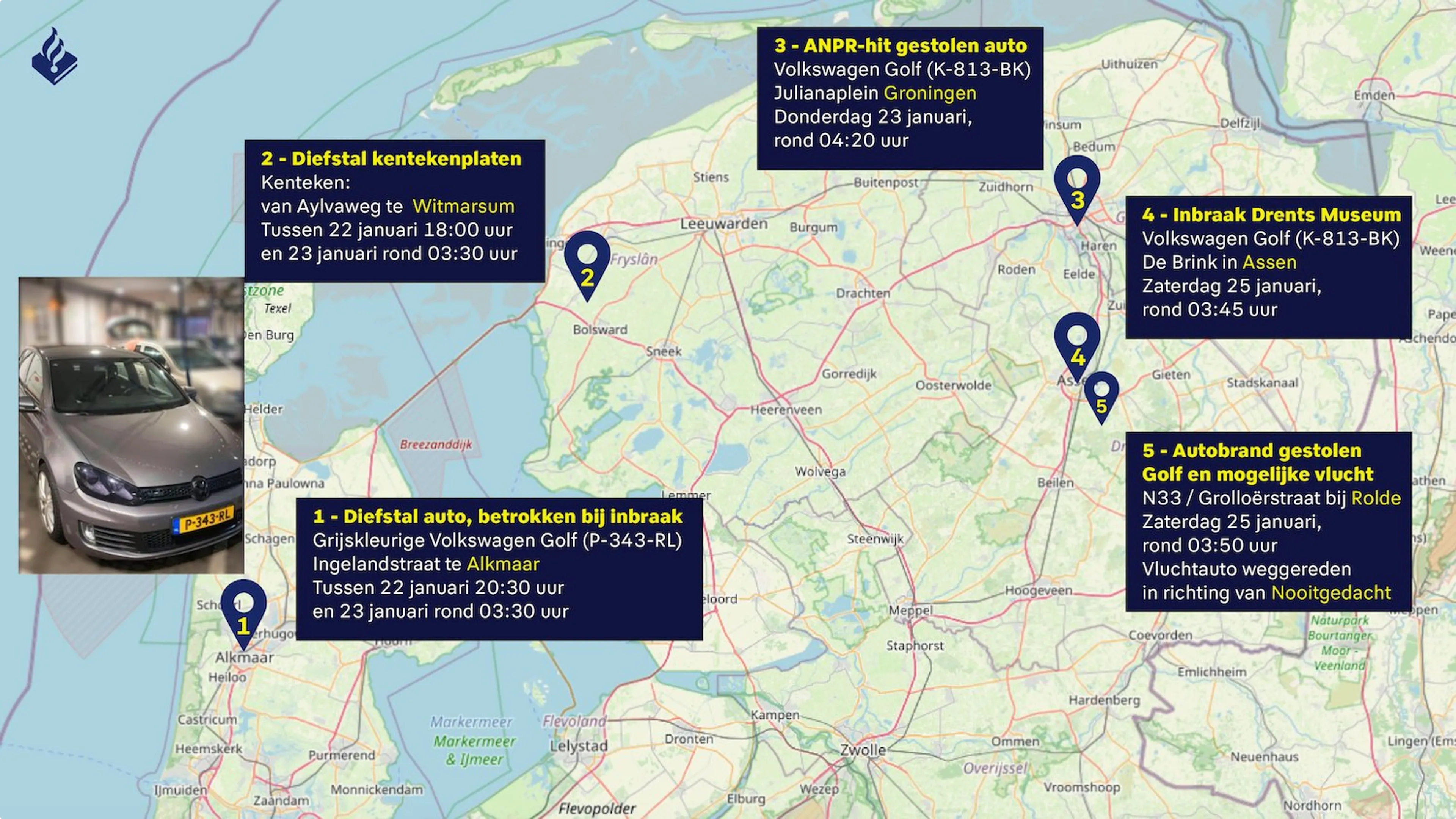 Onderzoek naar vluchtauto kunstroof Assen. Beeld: Politie Drenthe