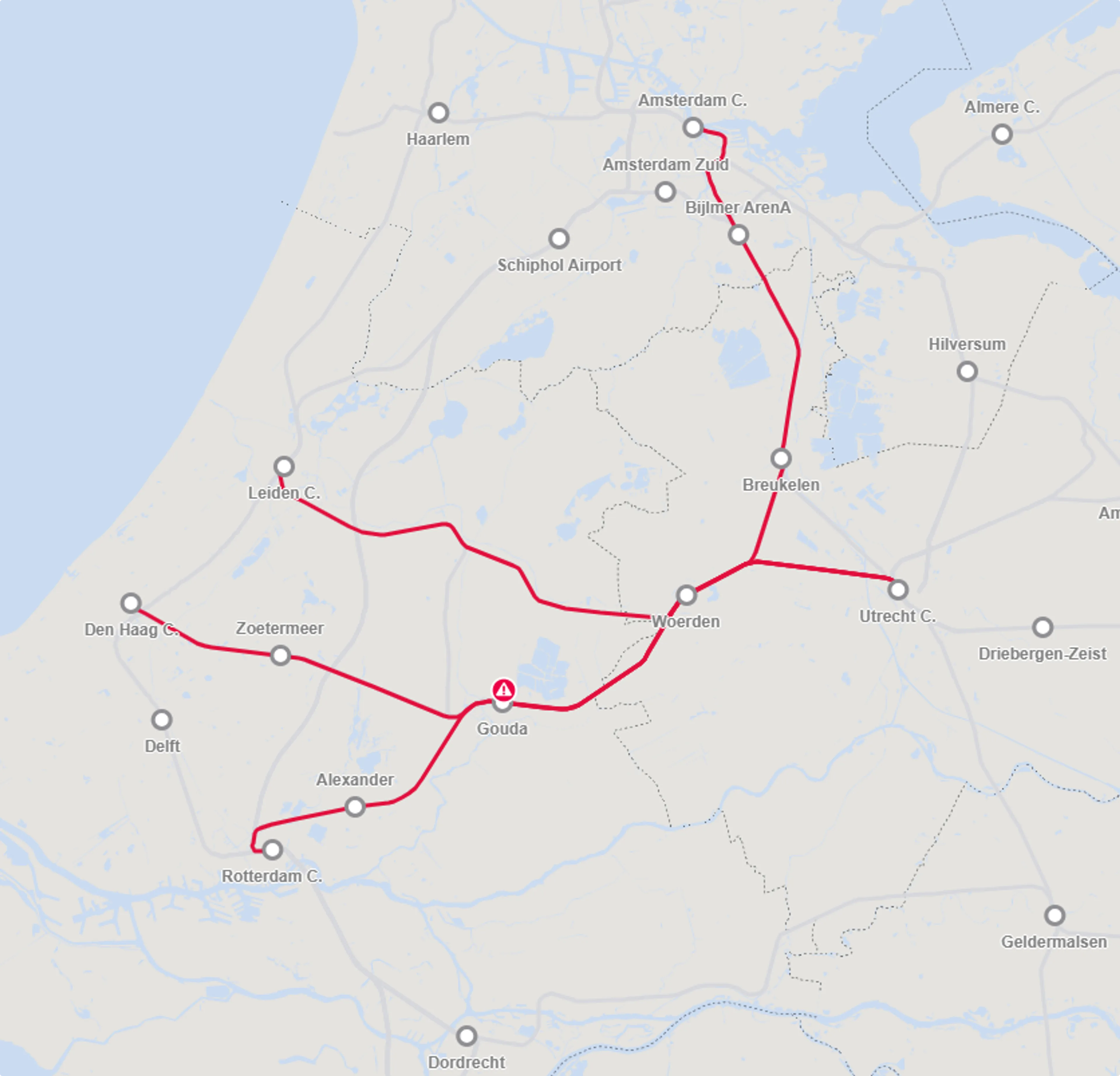 De getroffen trajecten die hinder ondervinden van de brand in Woerden. Beeld: NS