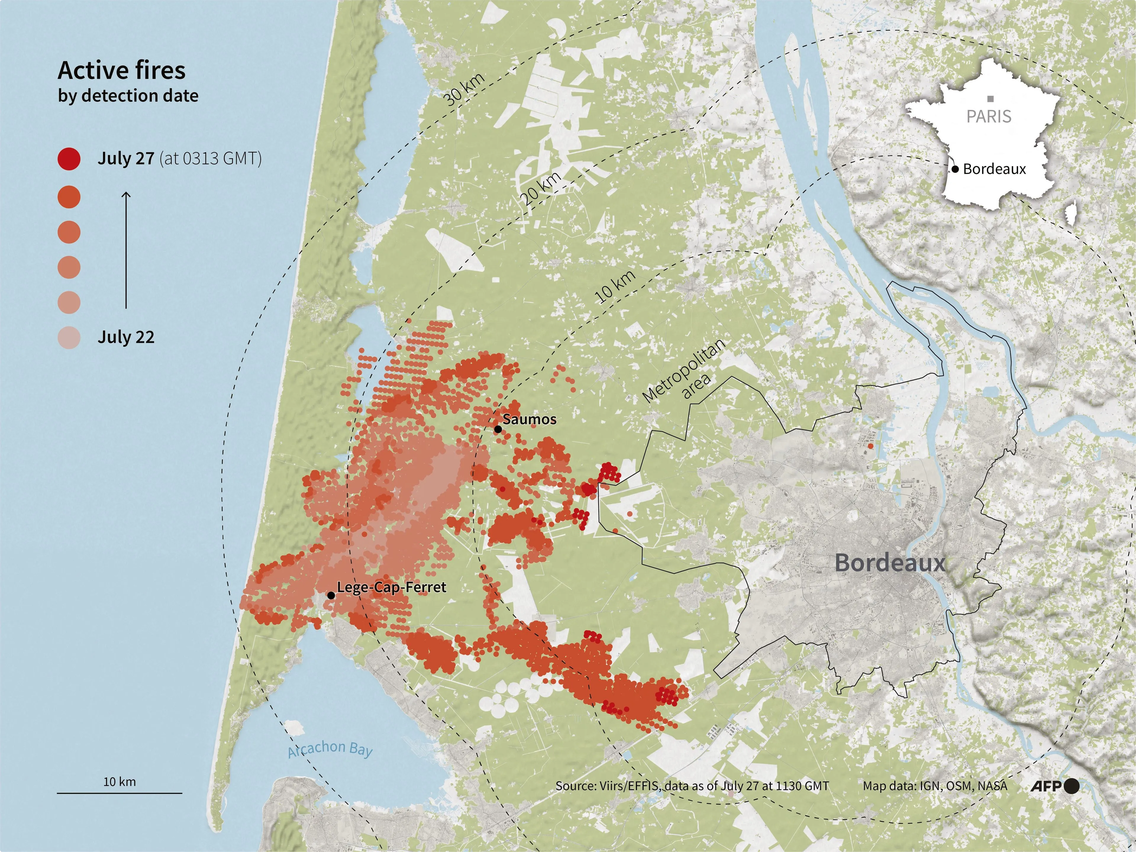 De aantal natuurbranden en de omvang rondom Bordeaux. Beeld: ANP