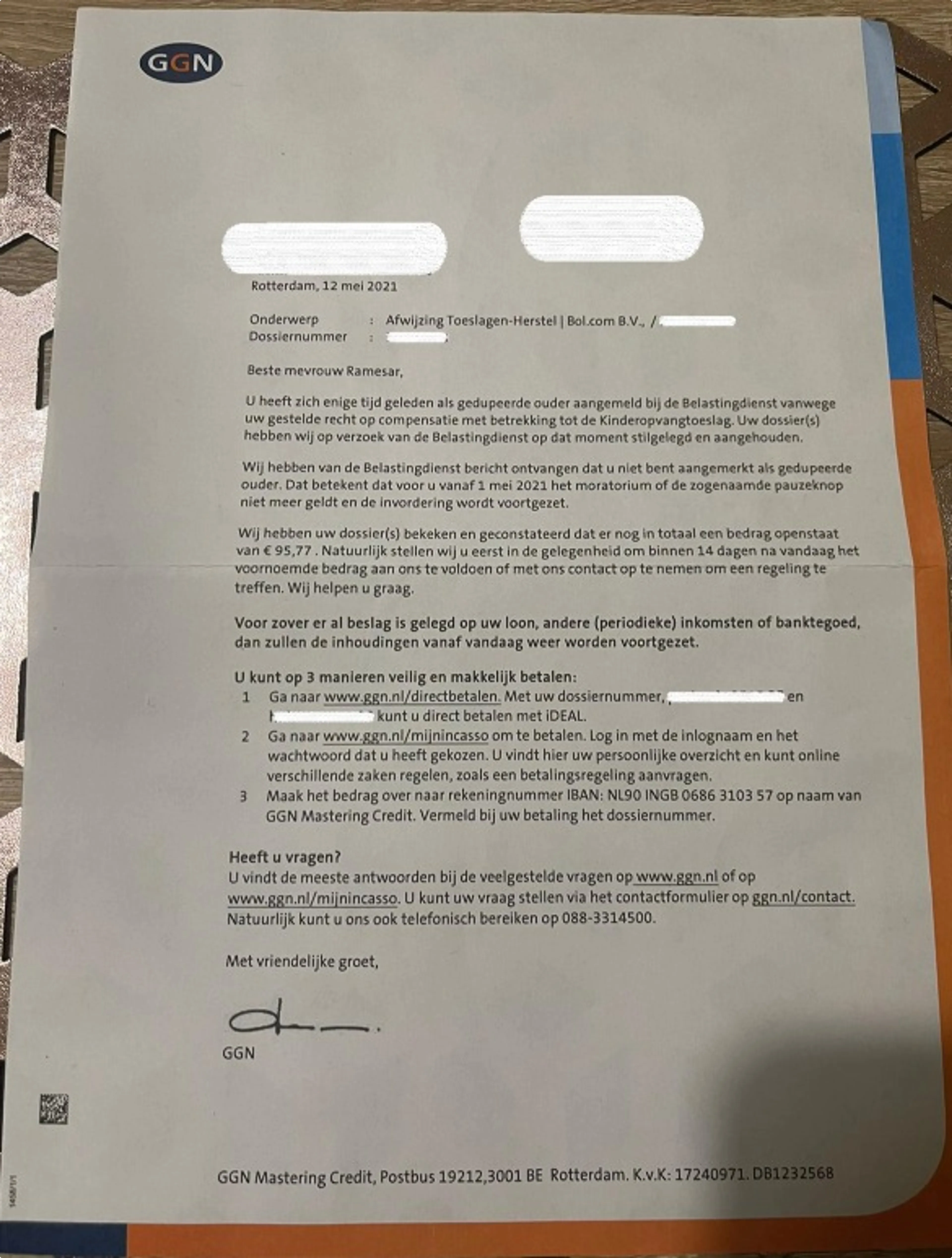 Incassobrief toeslagenaffaire