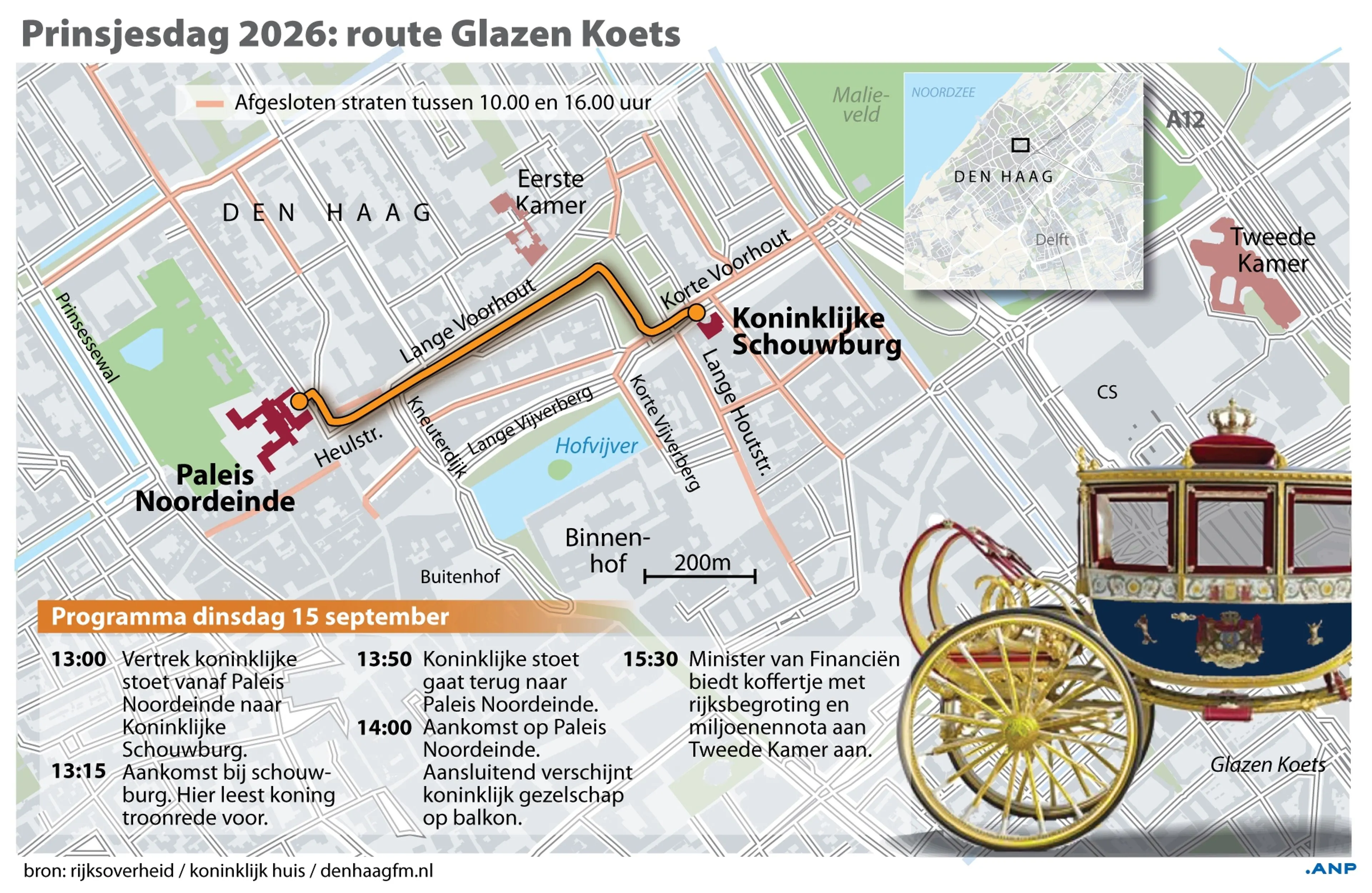 De route van de Glazen Koets op Prinsjesdag 2026. Beeld: ANP