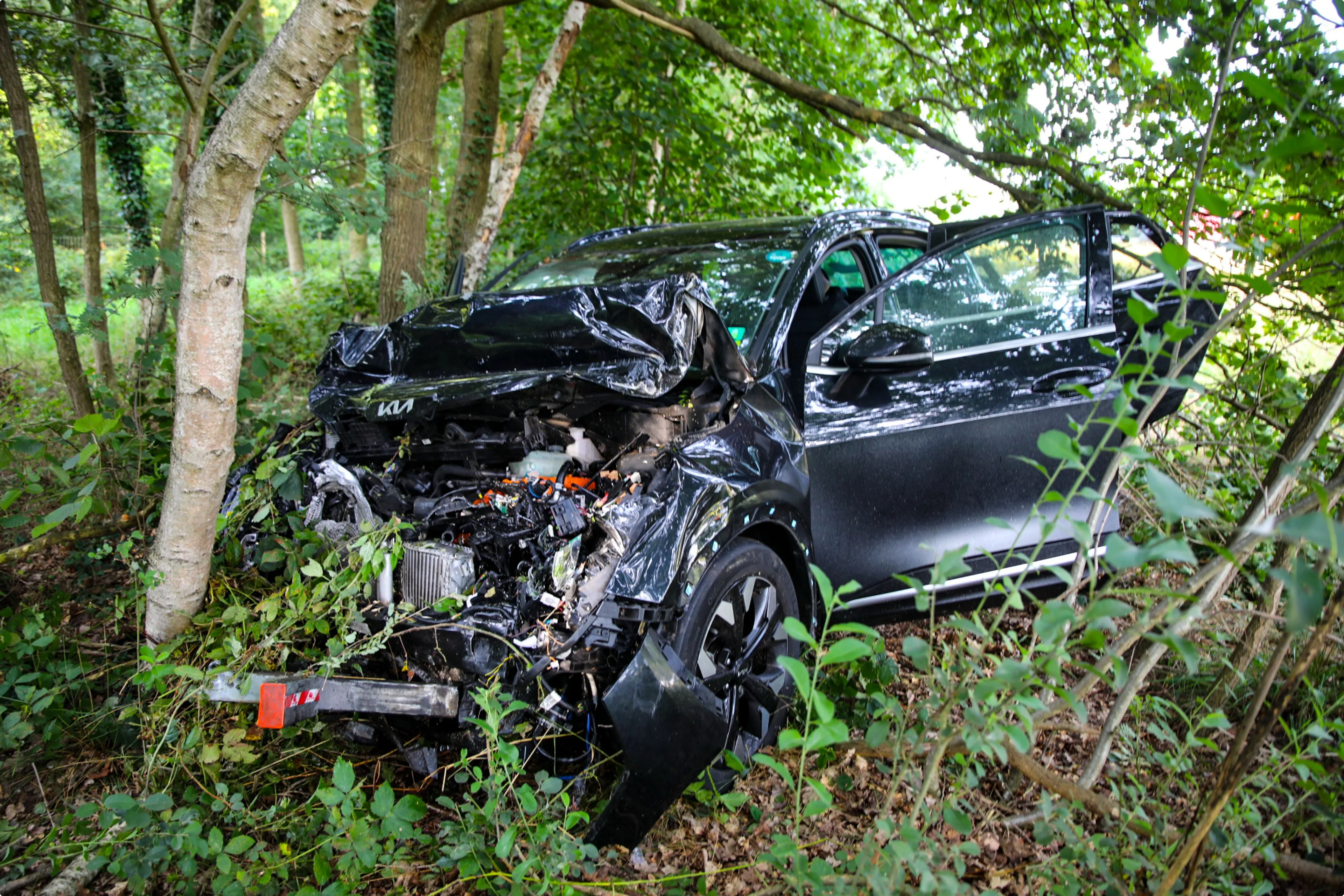 De zwaar gehavende auto kwam tot stilstand tegen een boom langs de snelweg. Beeld: SPS Media