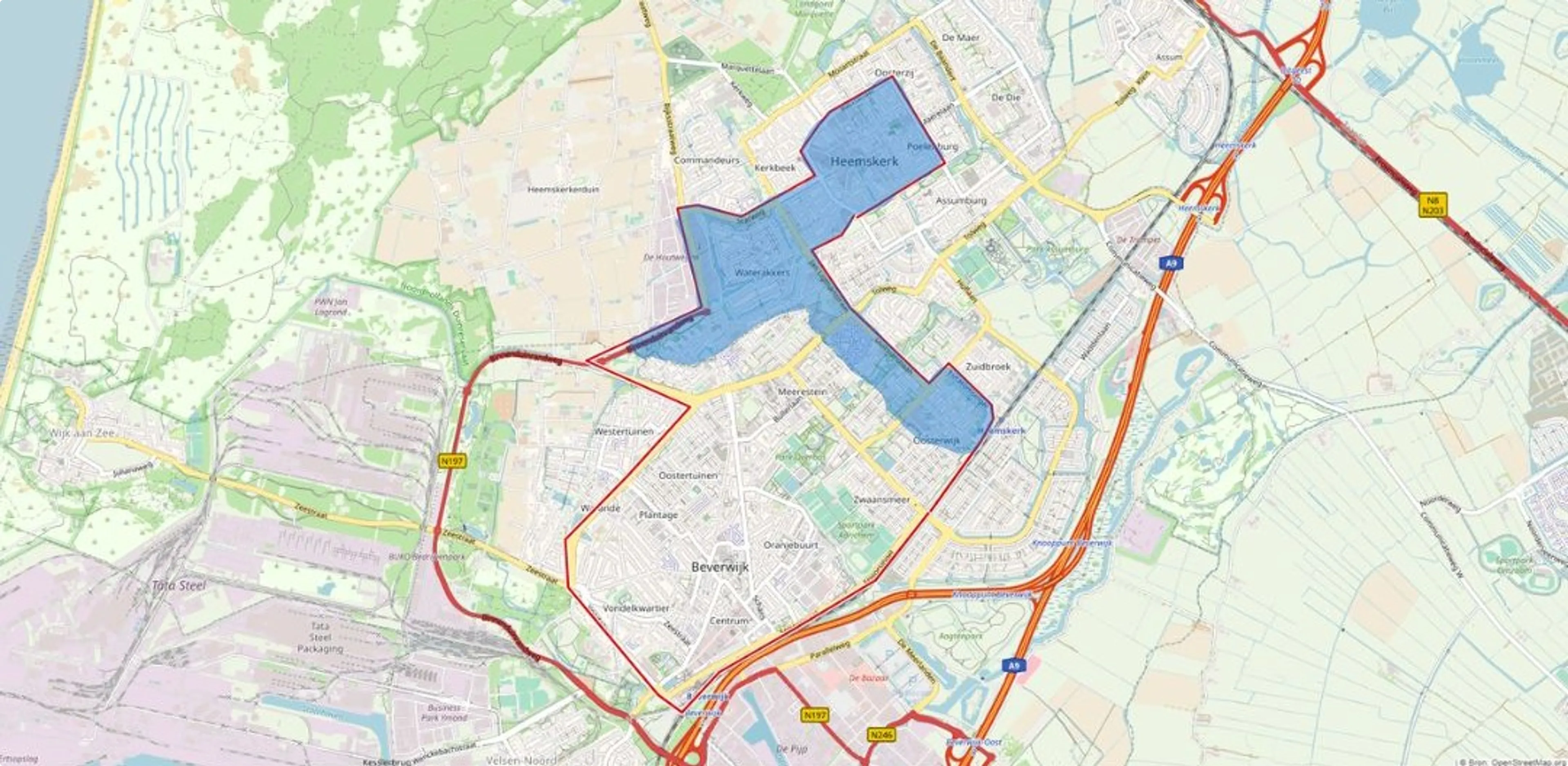 Het veiligheidsrisicogebied is blauwgemarkeerd op de kaart. Dit loopt vanaf Water Acker naar Centrum en Oosterwijk. Beeld: Gemeente Heemskerk