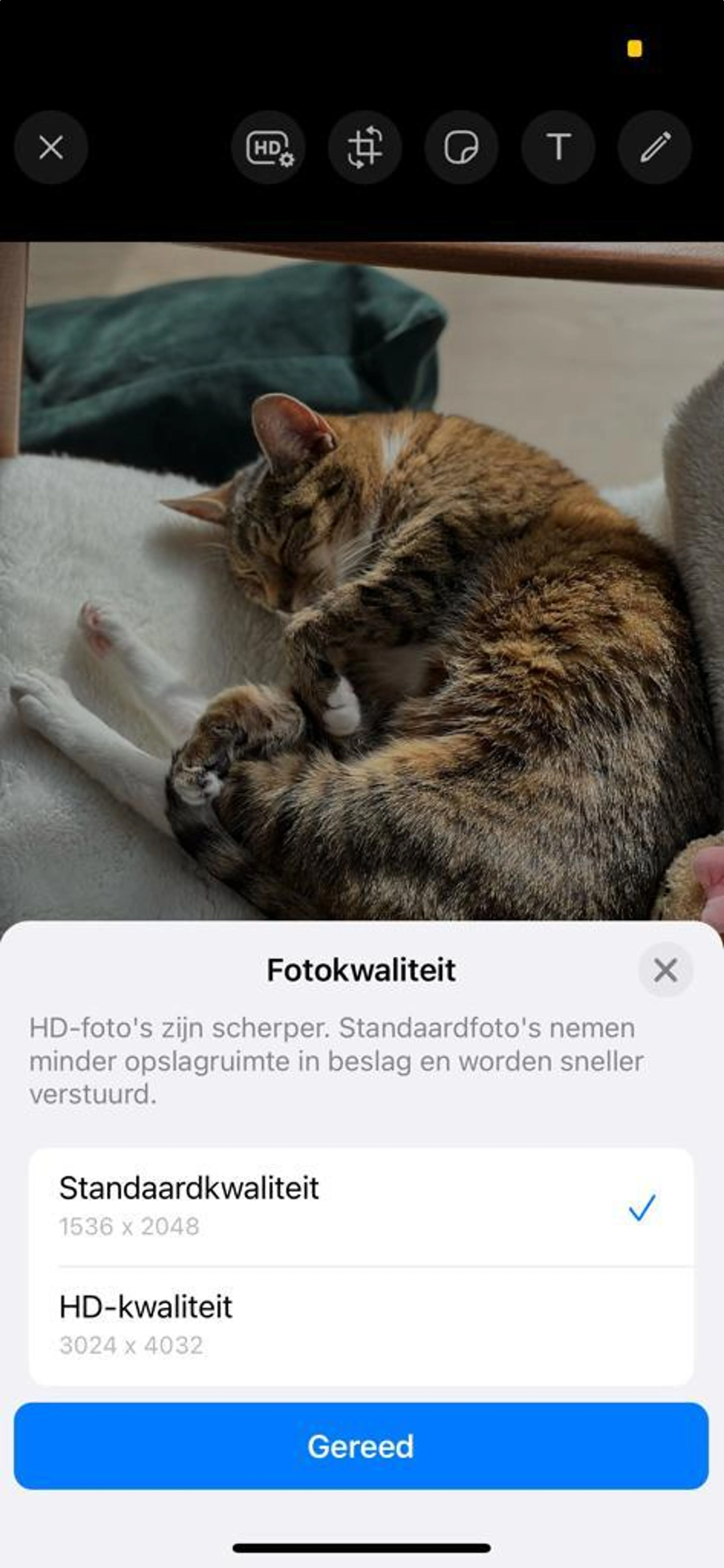 Je kunt nog steeds kiezen tussen Standaardkwaliteit en HD-kwaliteit bij het versturen van een foto.